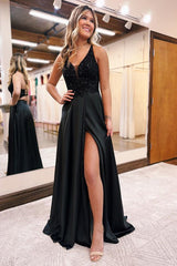 Charming Black V-Neck Sleeveless Prom Dress Long Sequins With Split