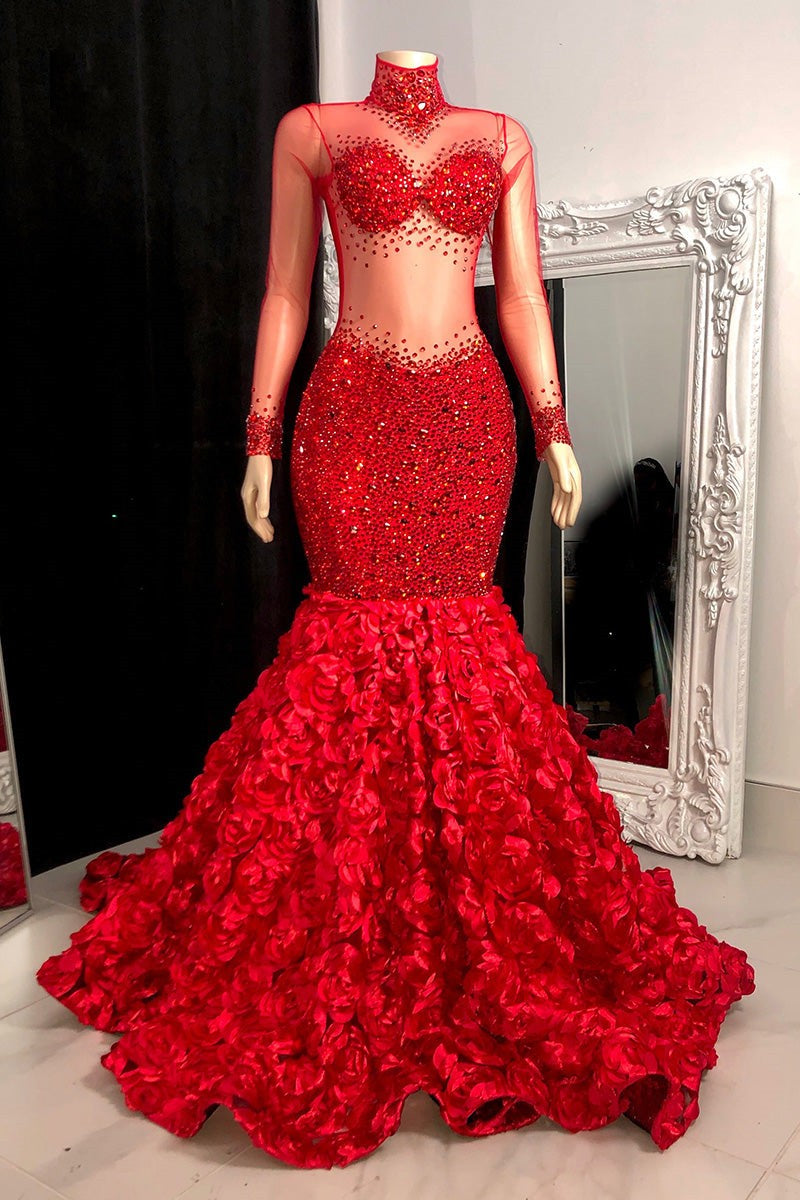 Chic High Neck Long Sleeves Mermaid Prom Dress Flowers Botton With Beads