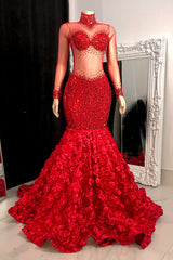 Chic High Neck Long Sleeves Mermaid Prom Dress Flowers Botton With Beads