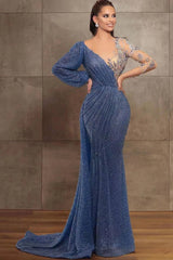 Gorgeous V-Neck Long Sleeves Mermaid Evening Dress with Sequined Beads