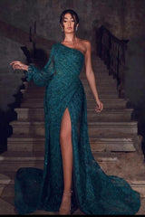 Sequins Lace Long Sleeves Prom Dress SPlit Evening Gowns