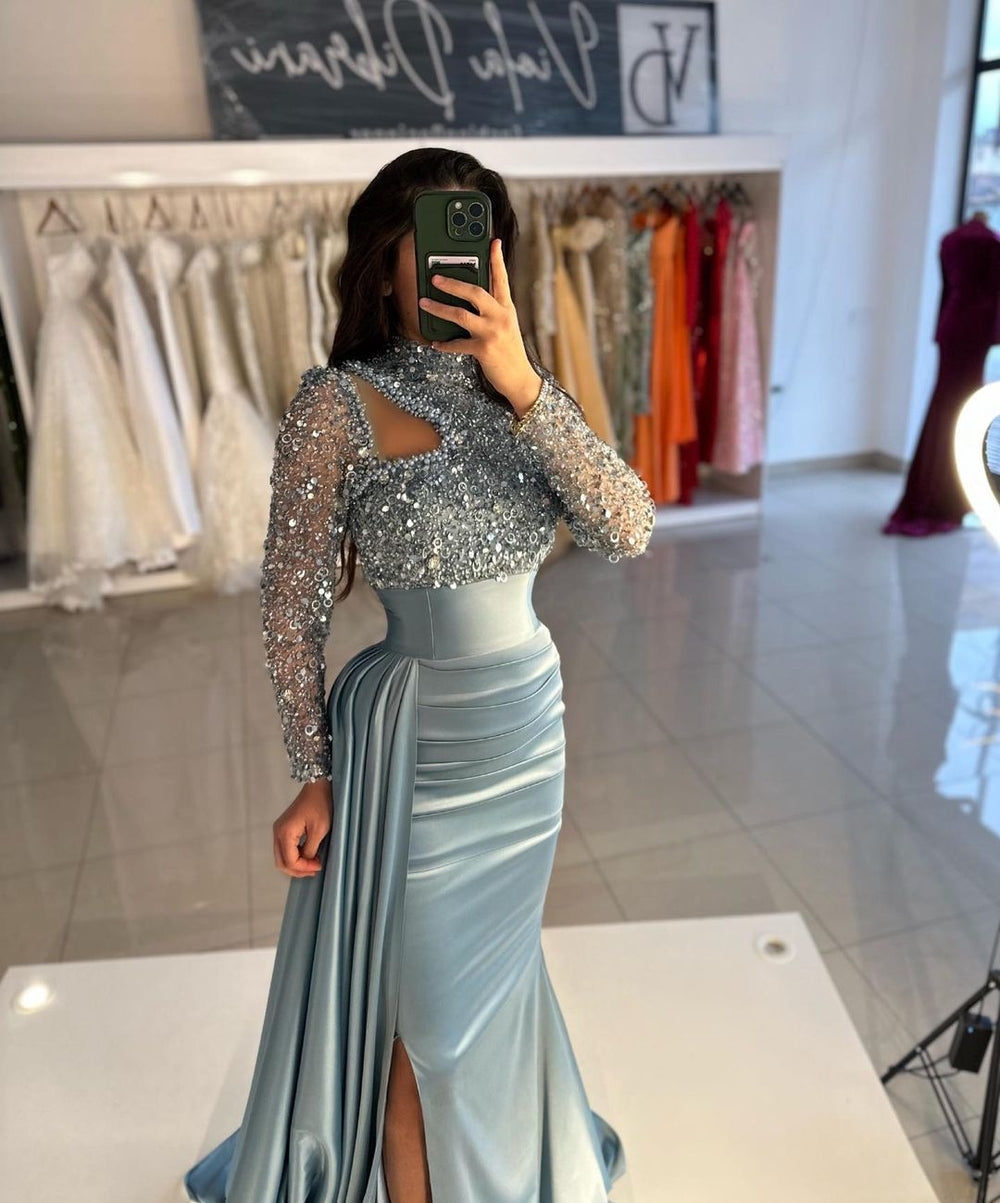 Stunning Dusty Blue Prom Dresses Long Sleeves Mermaid Split With Sequins