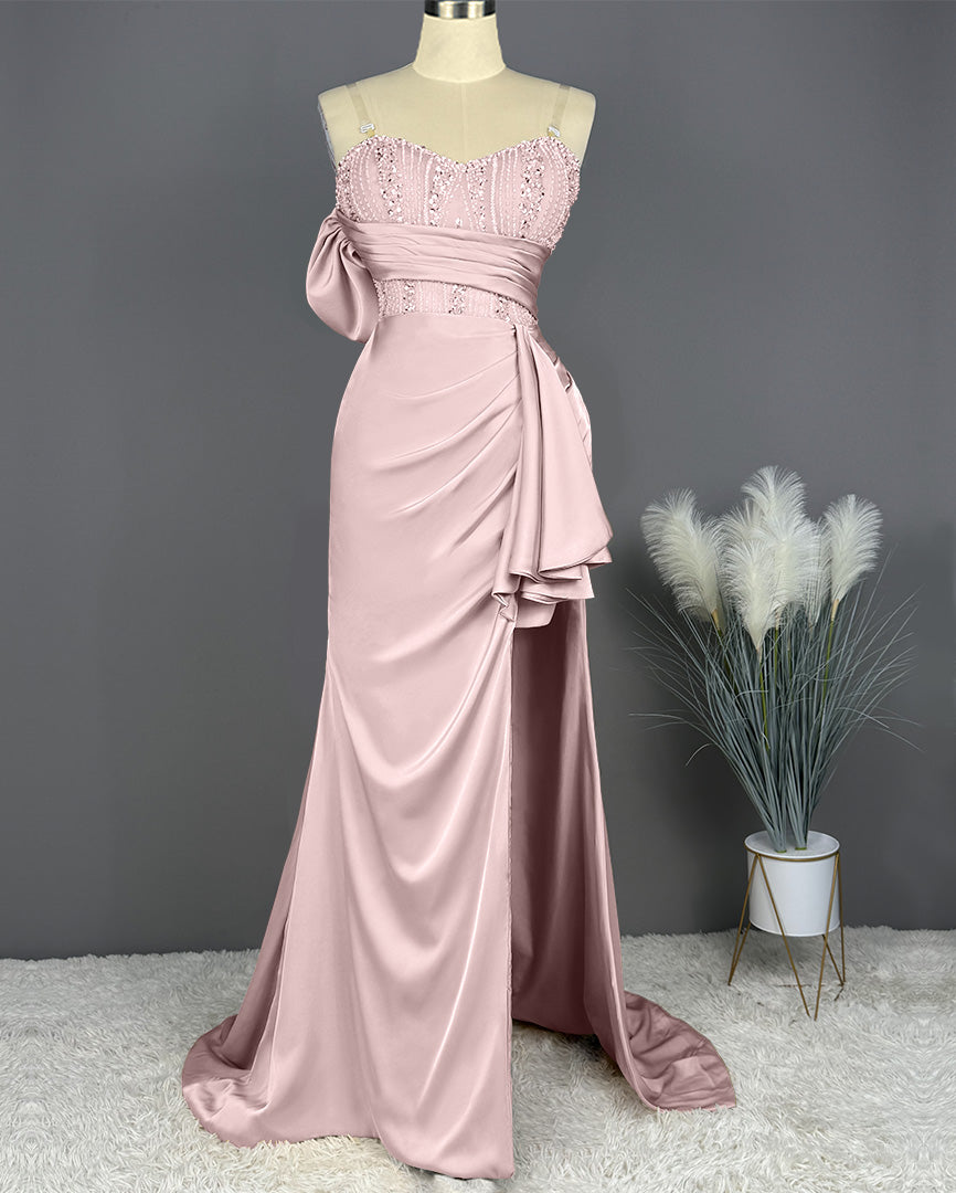Elegant Spaghetti Straps Split Mermaid Prom Dress Long Pleated Sleeveless Evening Gown with Beading Sequins