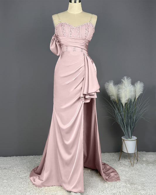 Elegant Spaghetti Straps Split Mermaid Prom Dress Long Pleated Sleeveless Evening Gown with Beading Sequins