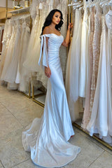 Modern White Off-the-Shoulder Prom Dress Mermaid Split Long