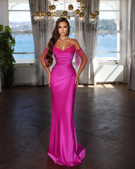 Charming Fuchsia Prom Dress Spaghetti Strap With Pleated Tassel Sequins
