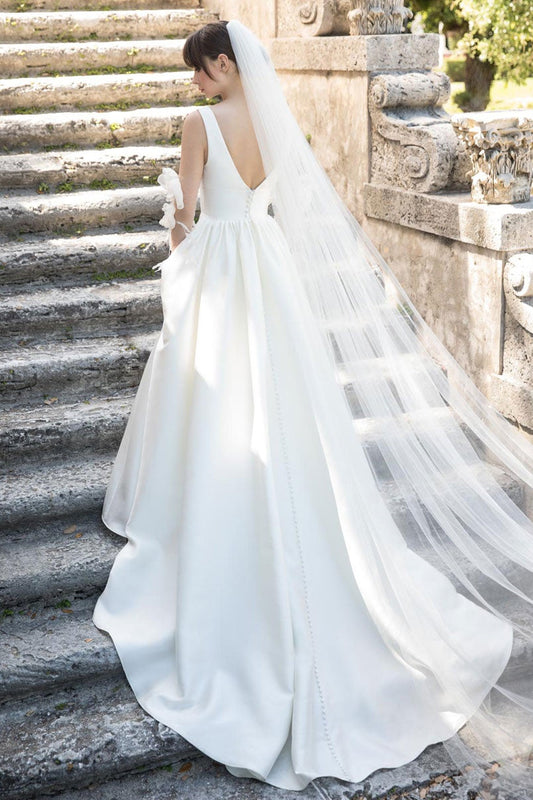 V-Neck Sleeveless Satin Bridal Gown