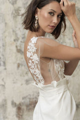 Bateau Wedding Dress with Applique Short and Belt Pocket