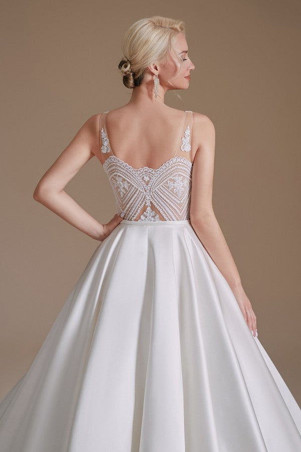 Elegant V-neck A-line Satin Wedding Gown with Lace Appliques