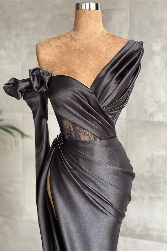 Stunning Black Long Sleeves Mermaid Prom Dress Pleated With Split
