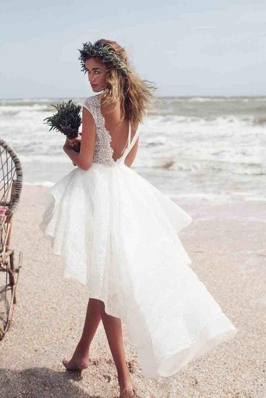 Boho Modest A-line Bateau Beach Wedding Dress with Hi-Lo Lace Sleeveless Design