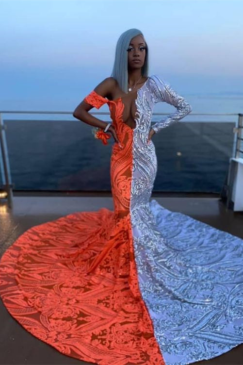 Modern Off-The-Shoulder Long Sleeve Mermaid Prom Dress Sequins Online