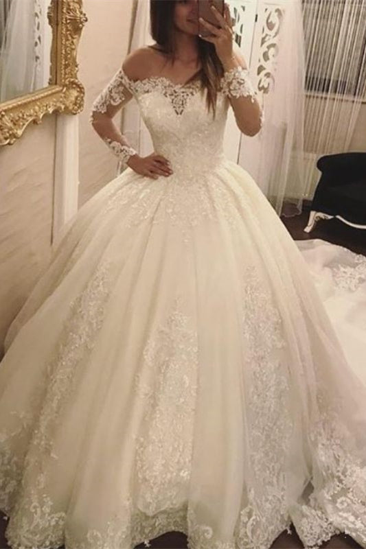 Off-the-Shoulder Long Sleeves Wedding Ball Gown Featuring Lace Appliques