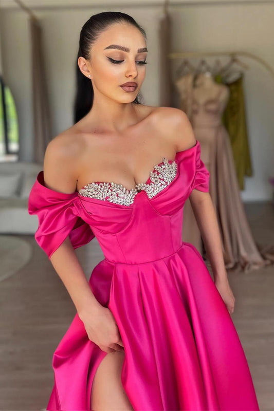 Stunning Off-the-Shoulder Hot Pink Evening Prom Dresss Slit Long With Beads