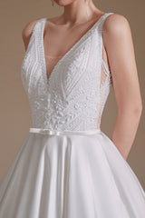Elegant V-neck A-line Satin Wedding Gown with Lace Appliques
