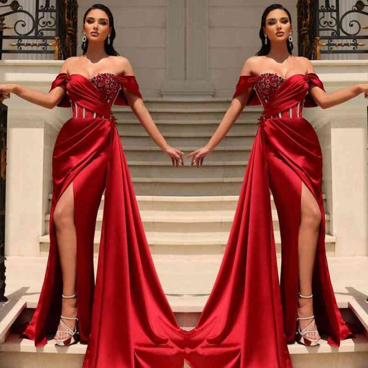 Classic Red Off-the-Shoulder Slit Prom Dress Long With Ruffle Beads