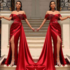 Classic Red Off-the-Shoulder Slit Prom Dress Long With Ruffle Beads