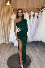 Black One Shoulder Evening Dress Hollowing Out Pleated Split