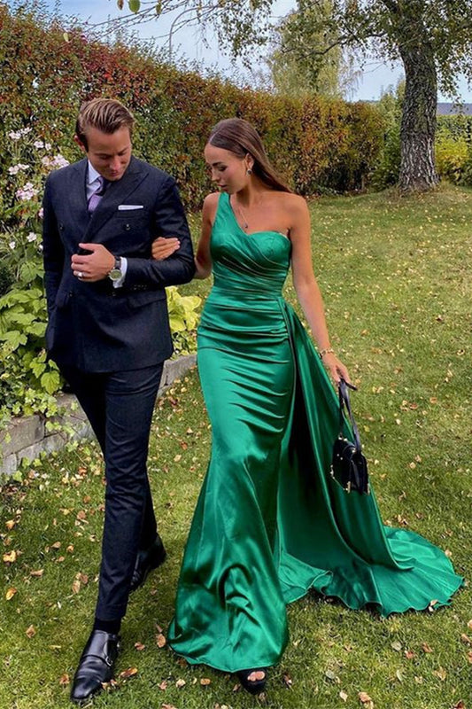Stunning Dark Green One Shoulder Prom Dress Long With Ruffles
