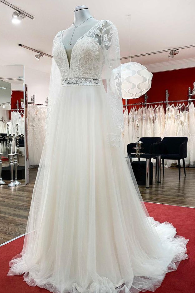 Elegant Sweetheart Neckline Long A-line Bridal Gown With Sleeves Featuring Tulle Beadings and Lace