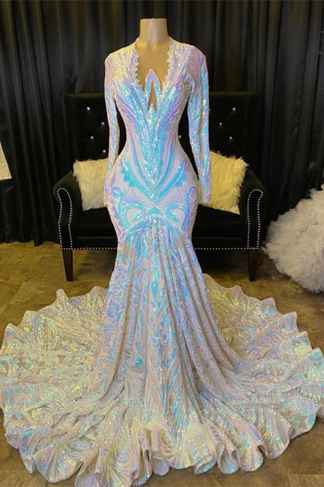 Modern Long Sleeves V-Neck Mermaid Prom Dress Sequins On Sale