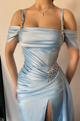 New Arrival Sky Blue Off-The-Shoulder Spaghetti-Straps Mermaid Prom Dress Beaded With Split