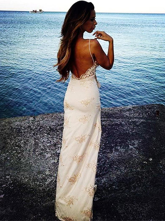 Amazing Spaghetti-Straps Long Prom Dress With Slit Lace Party Gowns