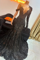 Modern Black One Shoulder Long Sleeve Prom Dress Mermaid Sequins With Beadings