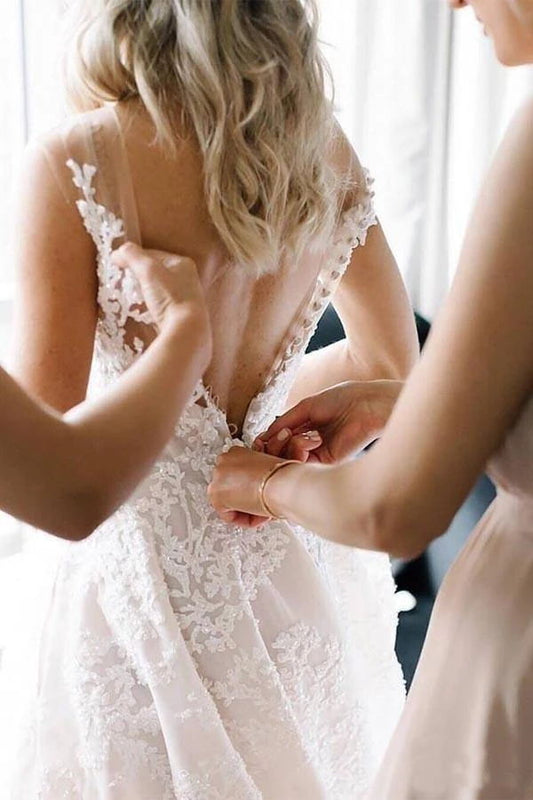 A-line Wedding Dress with Elegant V-neck and Floral Bead Straps