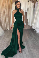 Dark Green High Neck Split Evening Dress Mermaid Beadings with Ruffles