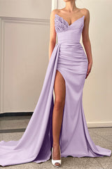  Pink Beaded V-Neck Mermaid Prom Dress with Long Slit and Ruffles