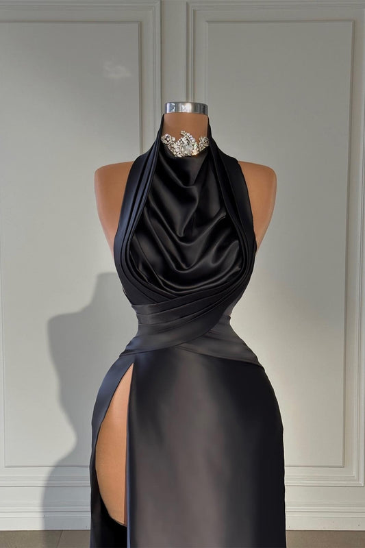 New Arrival Black High Neck Mermaid Prom Dress Beads Pleats With Split