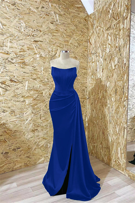 Gorgeous Dark Green Strapless Long Mermaid Prom Dress with Pleats Ruffles