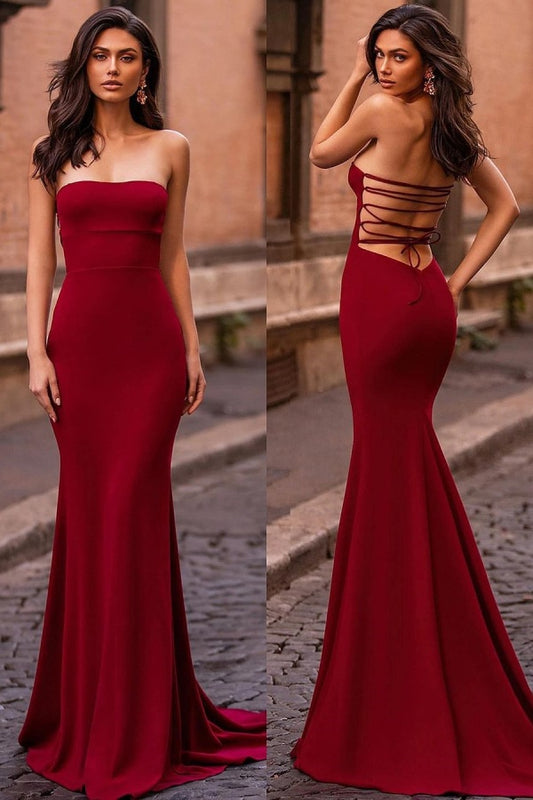 Fashion Red Strapless Backless Sliming Mermaid Prom Dress