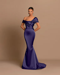 Grey Evening Dress Off-the-Shoulder Bateau Pleated Gown
