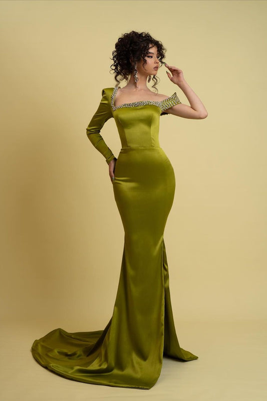Sage Green Prom Dress Charmeuse One Shoulder Mermaid Beaded With Slit