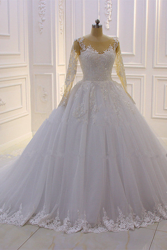 Graceful Long-Sleeve Lace A-Line Bateau Bridal Gown Featuring Pearl Tulle Appliques