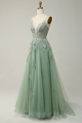 Dusty Pink Spaghetti Strap Tulle V Neck Prom Dress with Lace Appliques