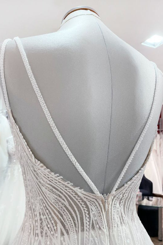Elegant A-line Wedding Dress with V-neck, Sequins, Tulle Ruffles, and Backless Design