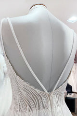 Elegant A-line Wedding Dress with V-neck, Sequins, Tulle Ruffles, and Backless Design