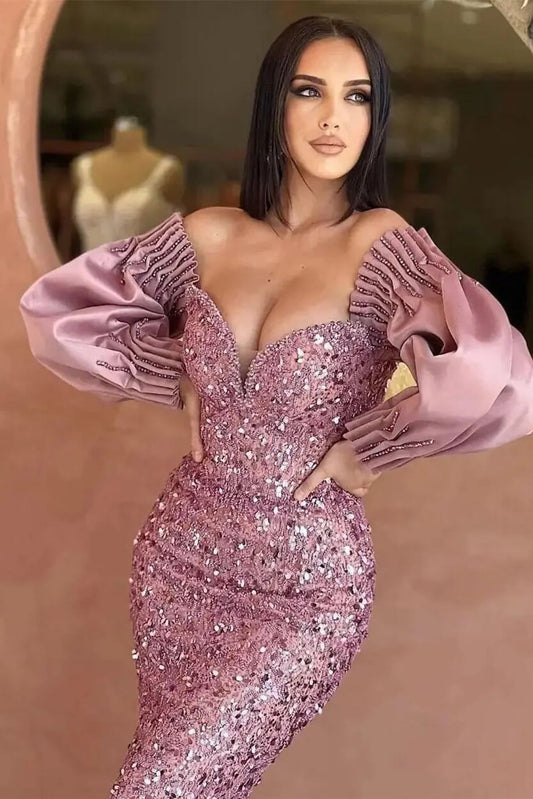 Gorgeous Long Sleeves Sequins Mermaid Prom Dress Off-the-Shoulder