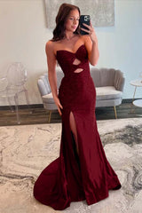 Fuchsia Sleeveless Strapless V-Neck Beaded Split Prom Dress