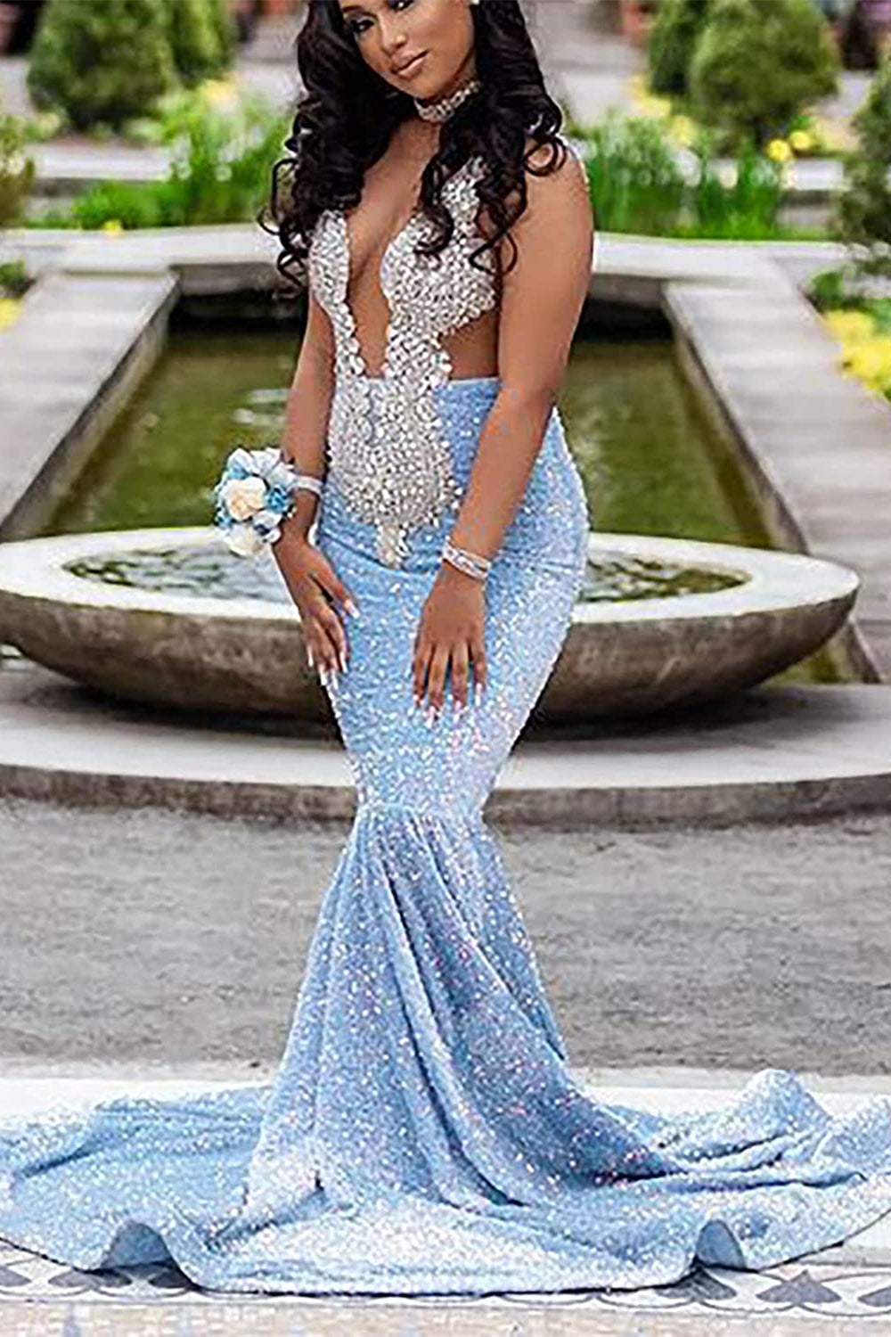 Classic Light Blue Sequins Prom Dress mermaid Sleeveless With Crystal