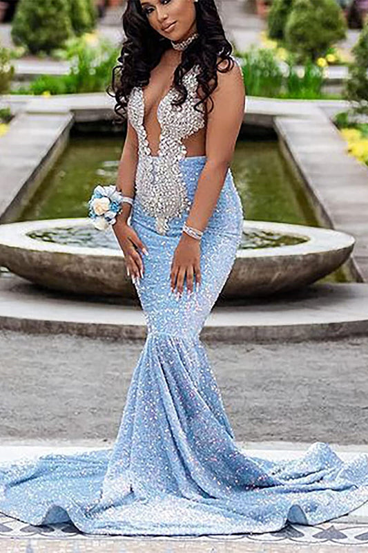 Classic Light Blue Sequins Prom Dress mermaid Sleeveless With Crystal