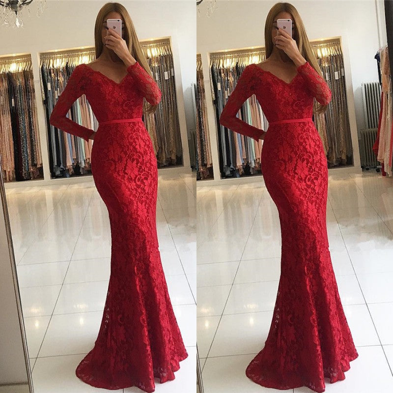 Elegant Long Sleeves Red Lace Prom Dress V-Neck Memaid Party Gowns