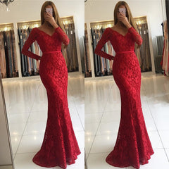 Elegant Long Sleeves Red Lace Prom Dress V-Neck Memaid Party Gowns
