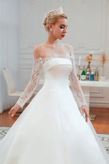 Elegant A-Line Satin Wedding Dress with Off-the-Shoulder Lace Long Sleeves