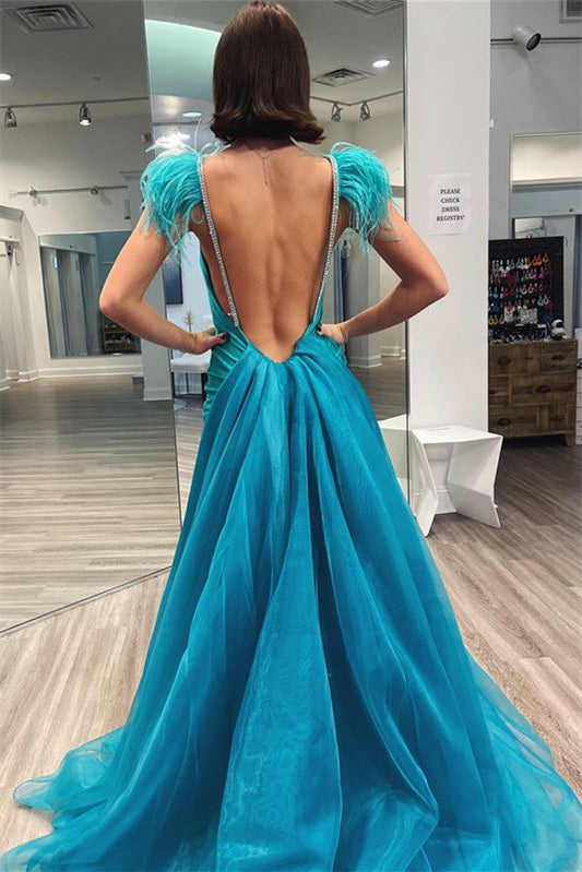 Gorgeous Square Sleeveless Mermaid Prom Dress Backless With Split Ruffles Feather