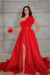 Gorgeous Red One Shoulder A-Line Prom Dress Flowers With Split