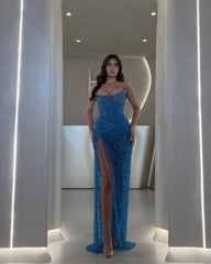 Stunning Strapless Blue Prom Dress High Split With Beadings